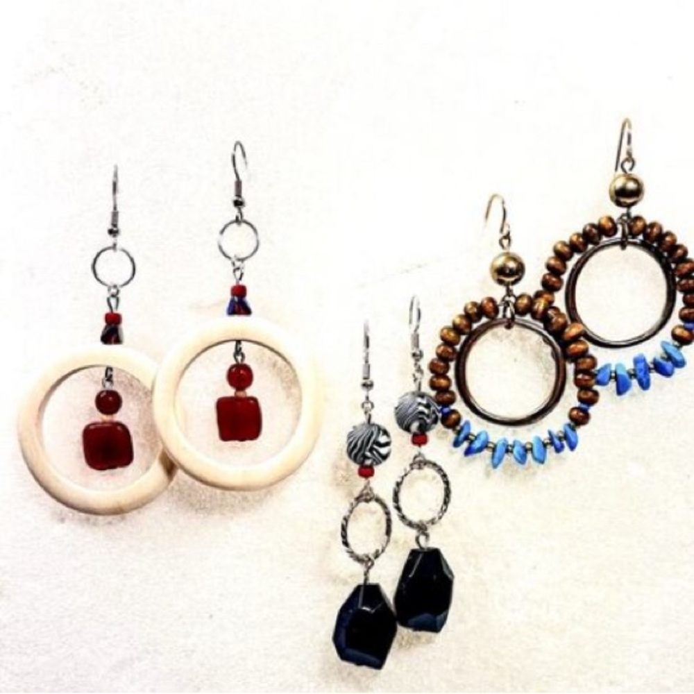 Set of Handcrafted Earrings Black Crystal drops Hoops w/ Gemstone Accents 2 inch